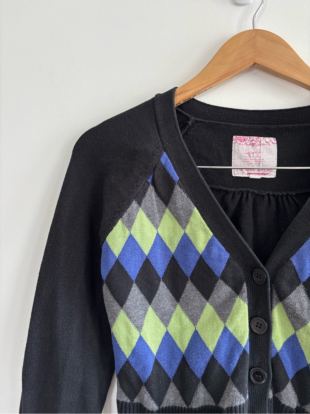 Y2K Argyle V-Neck Cardigan Sweater with Blue & Green Diamonds - Picture 3 of 12